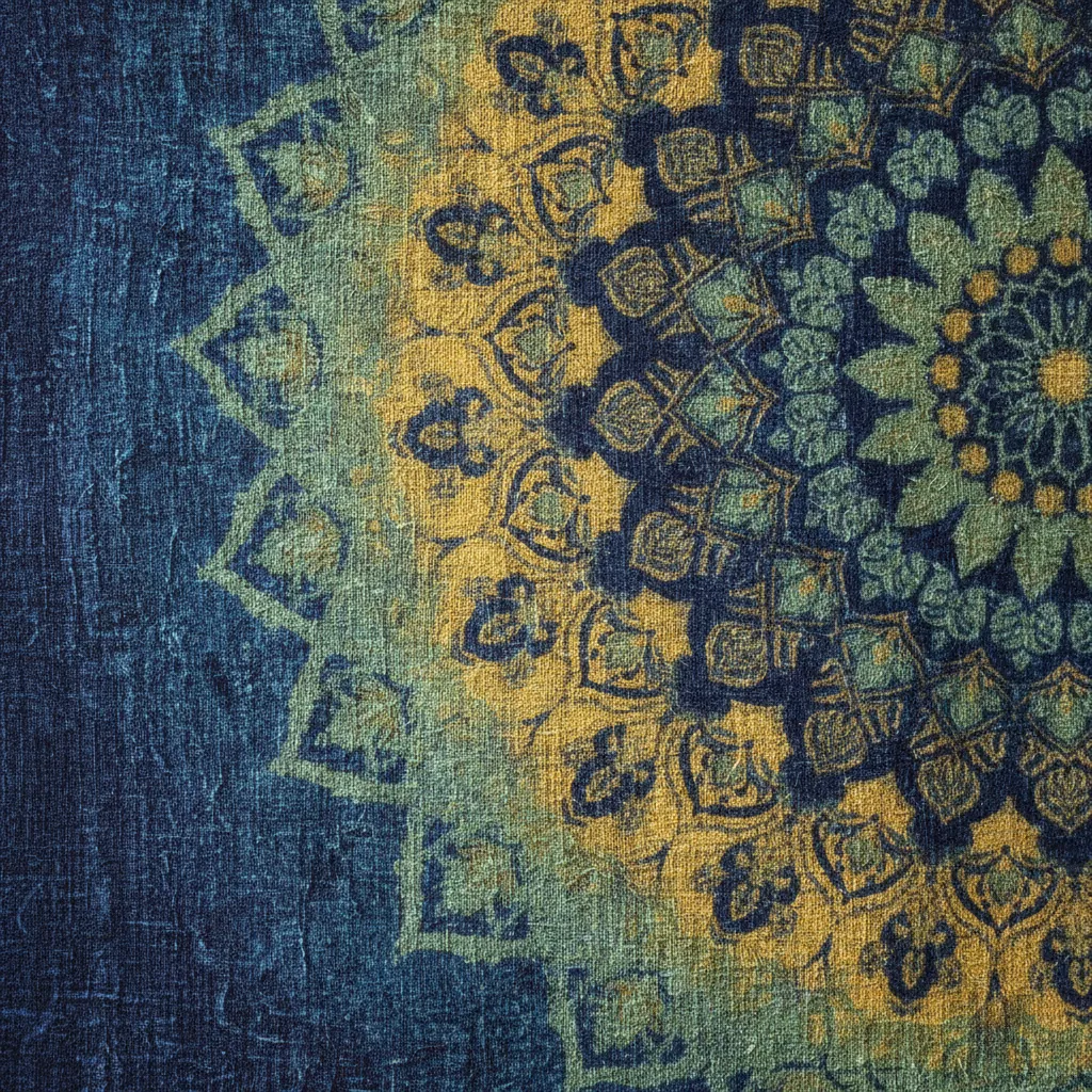 Close up texture of woven cotton mandala tapestry in indigo and ochre dyes