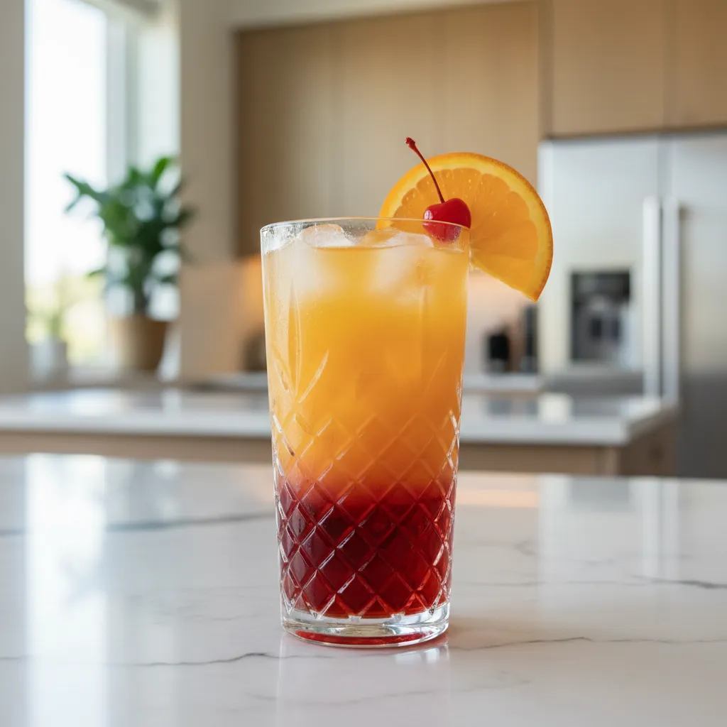 Close up of crystal highball glass with condensation and orange garnish