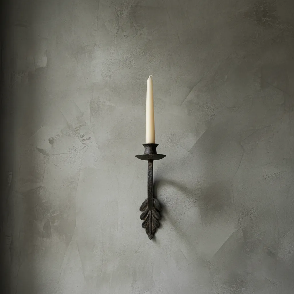 Textured limestone colored wall with primitive iron sconce detail