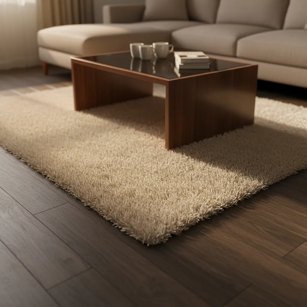 High-pile wool rug under coffee table separating living area from kitchen