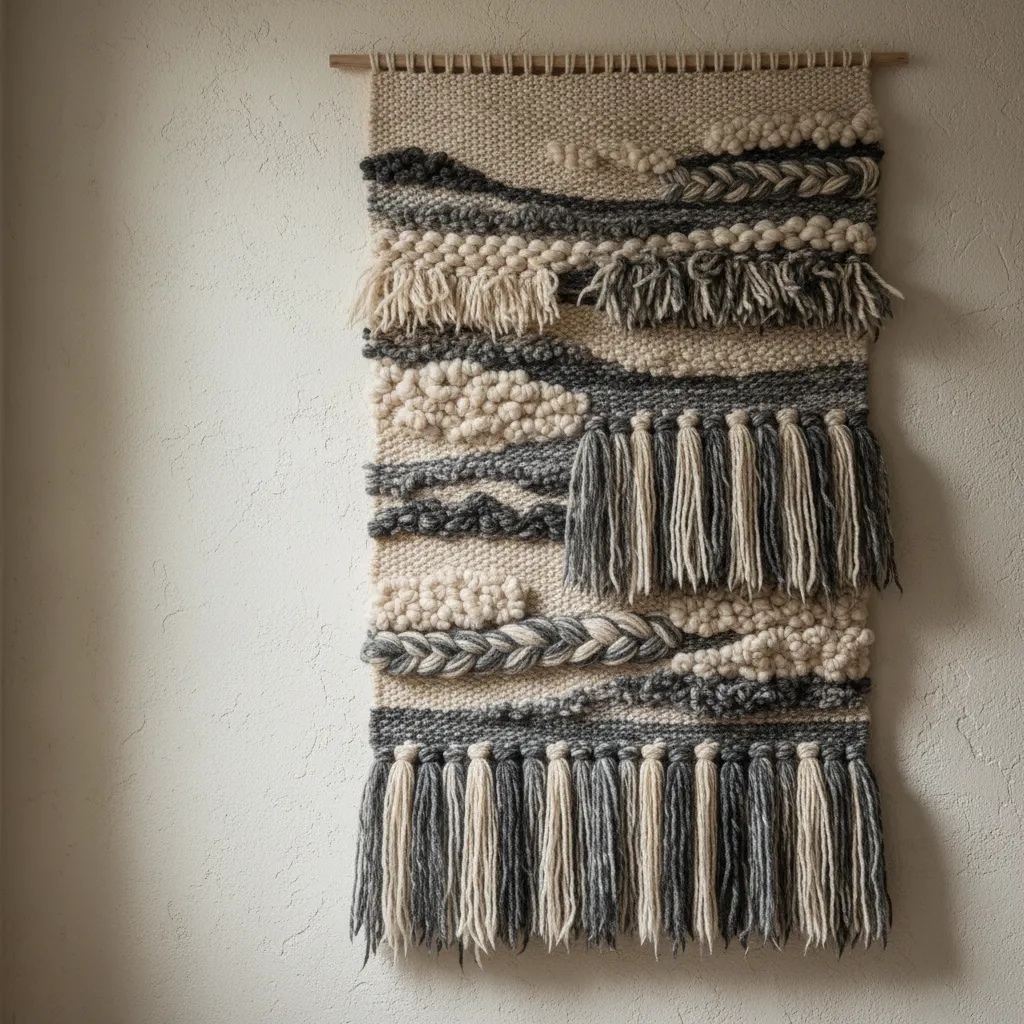 Heavy wool tapestry hanging on a plaster wall showing deep texture and acoustic weight