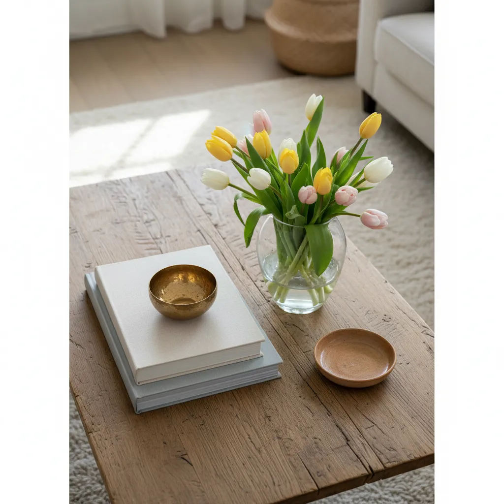 Rustic coffee table styled with books, tulips, and brass bowl using the rule of three