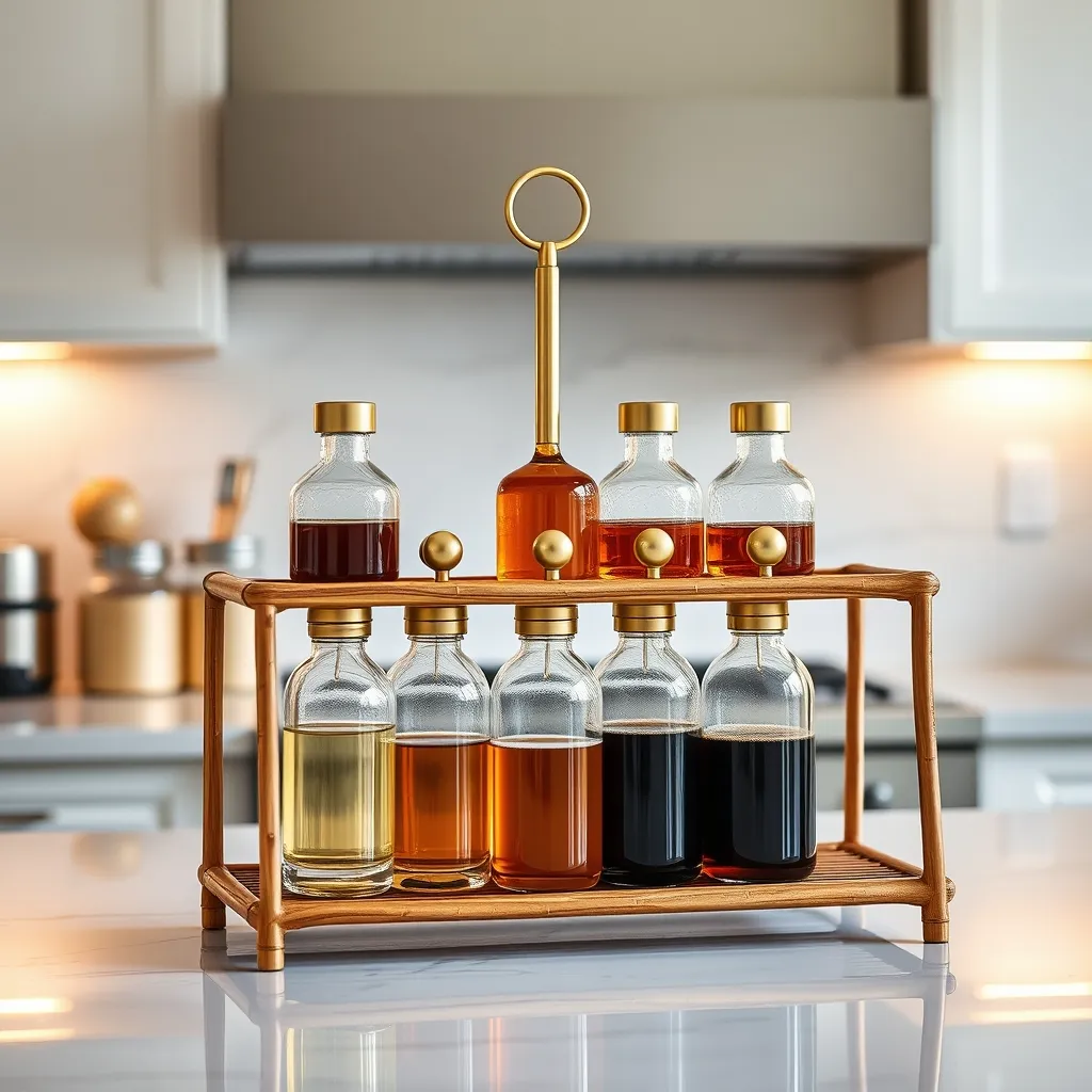 A bamboo three-tiered syrup stand organized on a marble kitchen counter