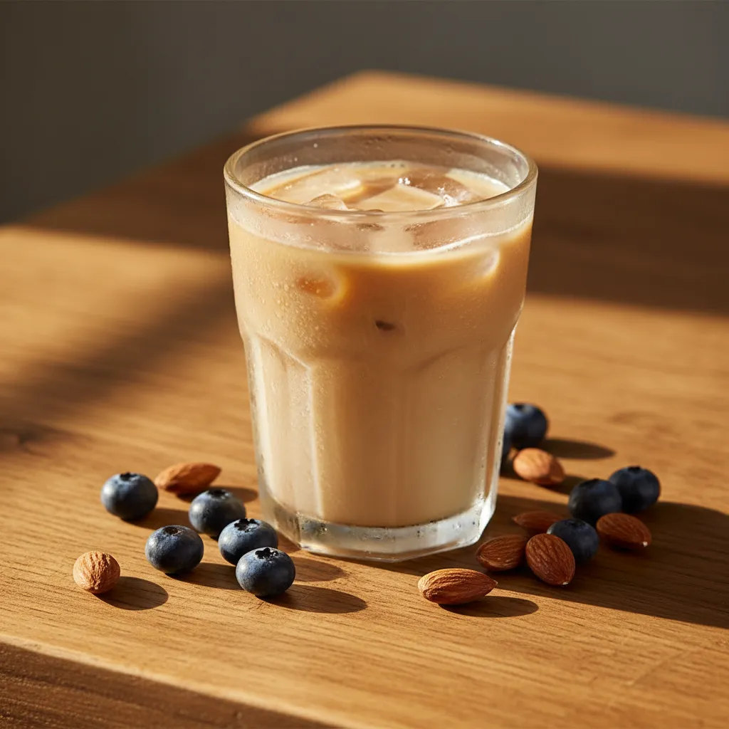 Low calorie Dunkin Donuts toasted almond blueberry iced coffee on a wooden table
