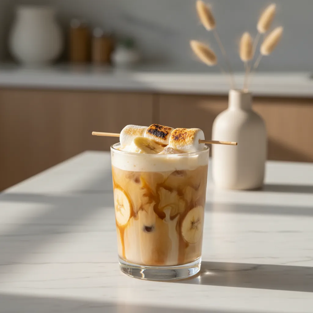 layered iced coffee with toasted marshmallow and banana syrup on marble counter