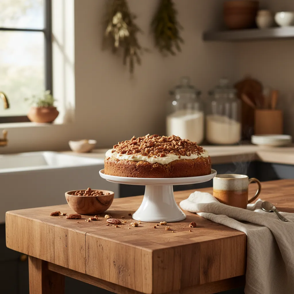 Toasted pecan sour cream coffee cake on a ceramic stand in a sunlit rustic kitchen