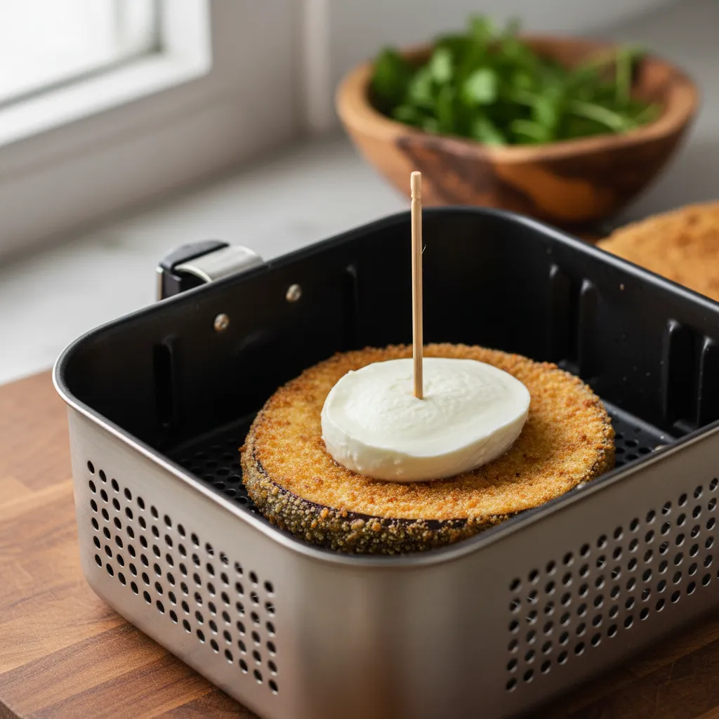 Wooden toothpick securing cheese on eggplant slice
