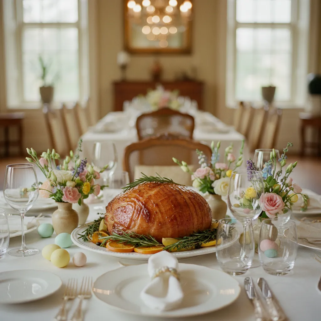 Golden spiral glazed ham with cloves and herbs serving as the centerpiece for traditional Easter dinner main dishes on an elegant table