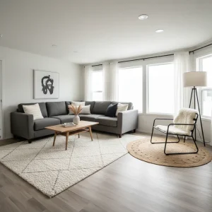 A modern single-wide trailer living room showing how to use area rugs to zone a small space effectively.