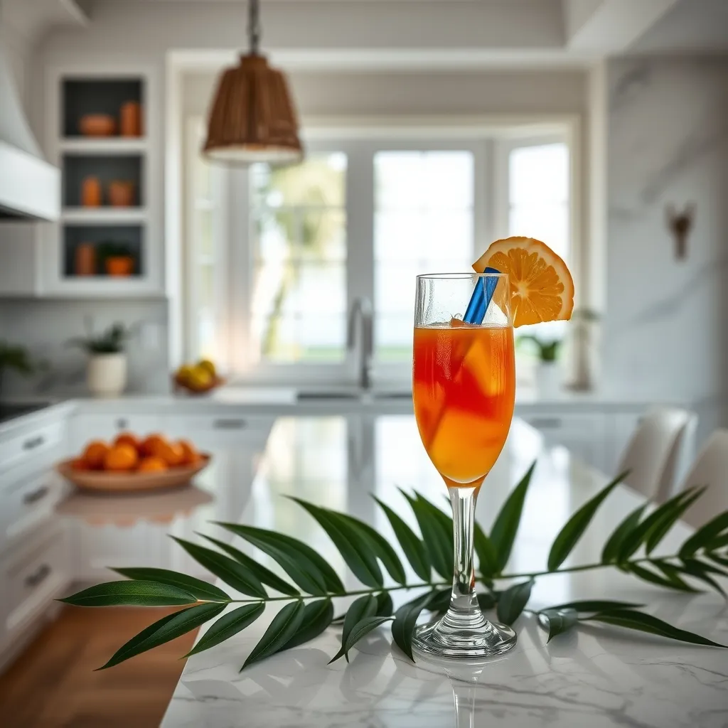Vibrant layered sunrise mocktail on a marble kitchen island