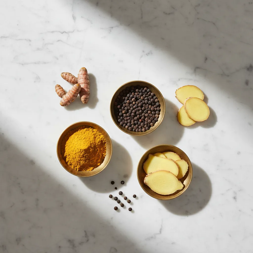 Brass bowls filled with turmeric and spices on a marble surface