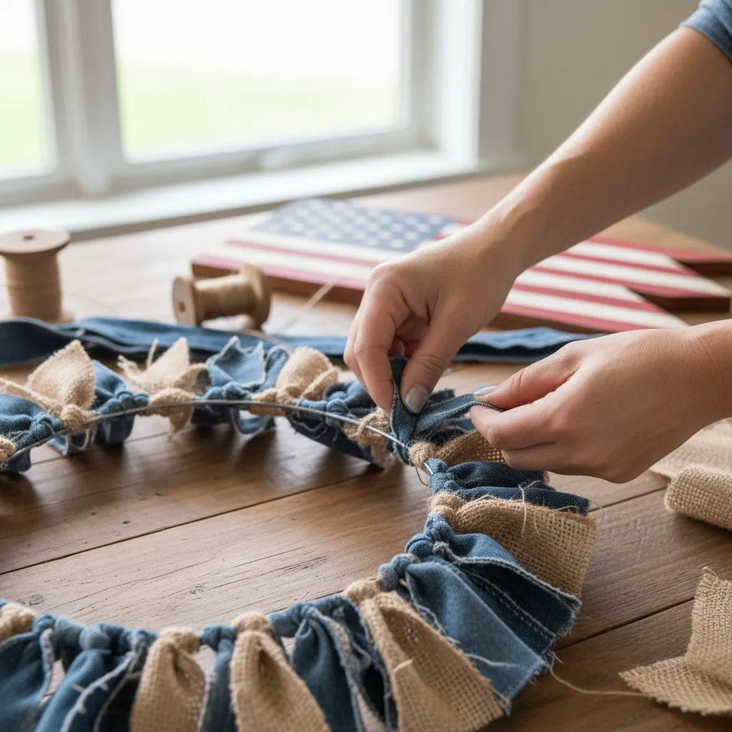 Hands tying denim strips onto wire wreath frame step by step