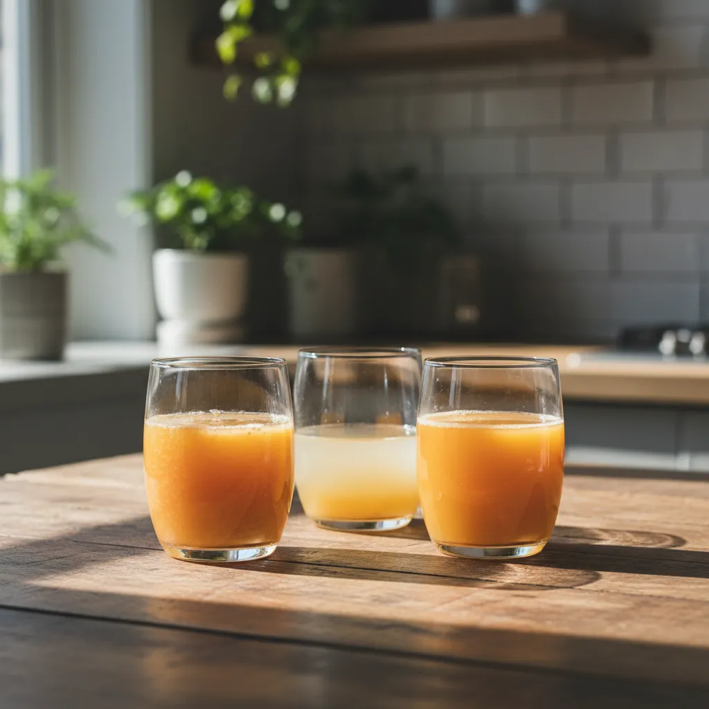 Three glasses of orange juice displaying different pulp textures and clarities on a wood table