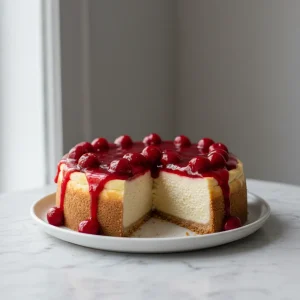 A professional New York style cherry cheesecake with a thick graham cracker crust and glossy red cherry topping on a marble table.