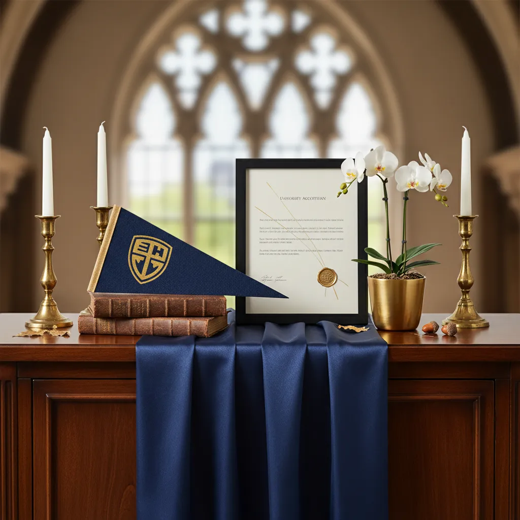 University themed senior table display with navy and gold decor elements