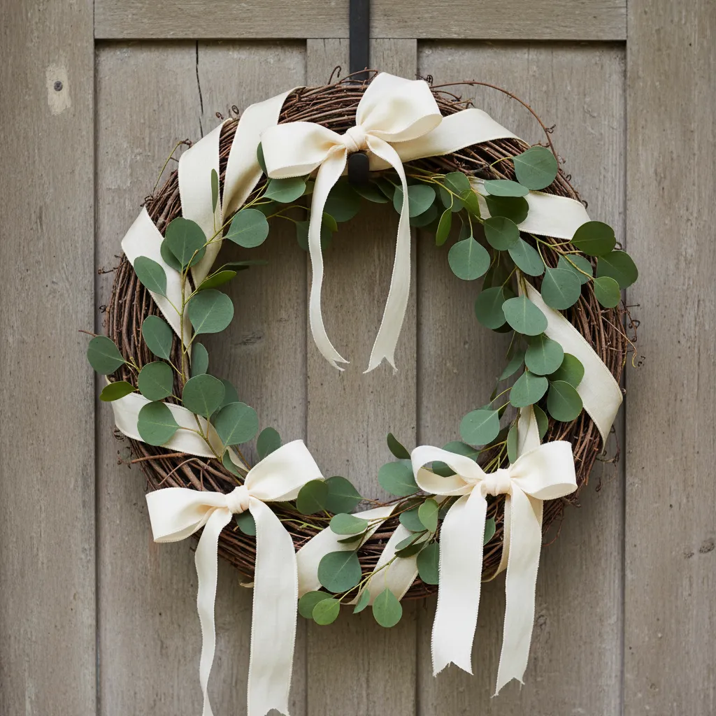 Close up of a DIY spring wreath made from grapevine and recycled silk ribbons