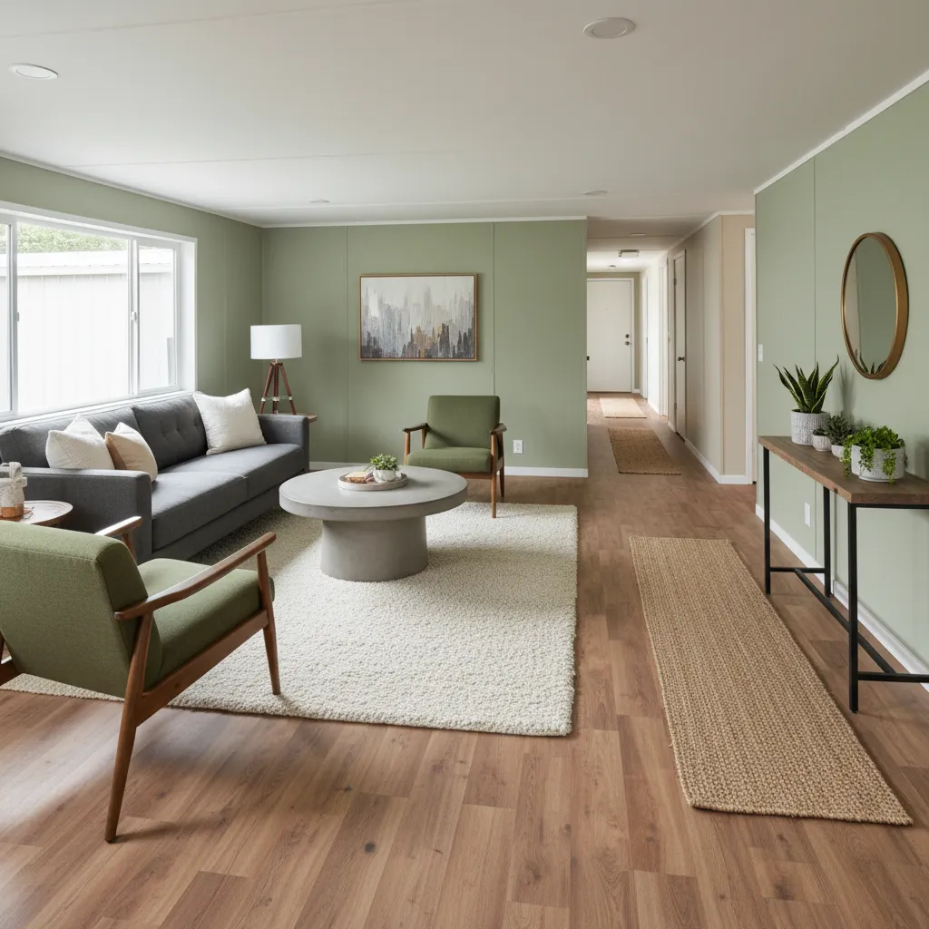 Textured area rugs defining separate zones in a mobile home