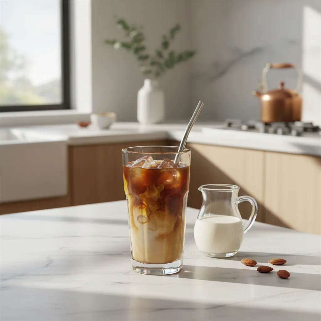 Vanilla almond cold brew coffee on marble counter with swirling milk