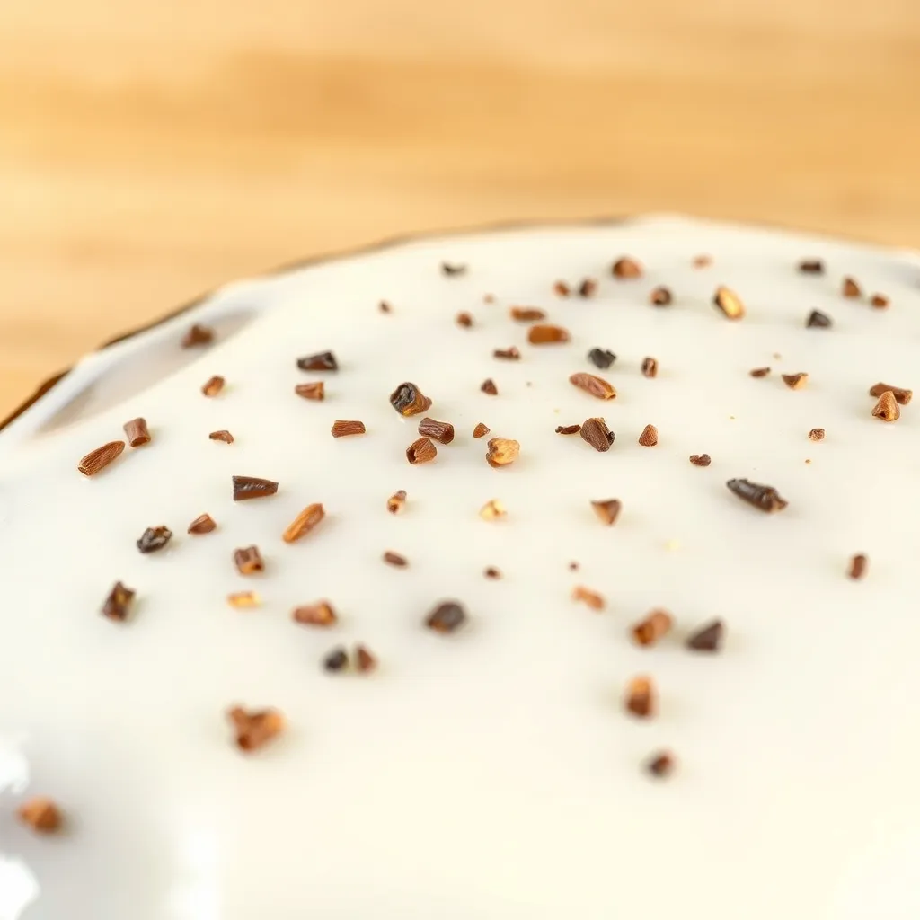 Macro view of vanilla bean specks in a glossy white cake glaze.