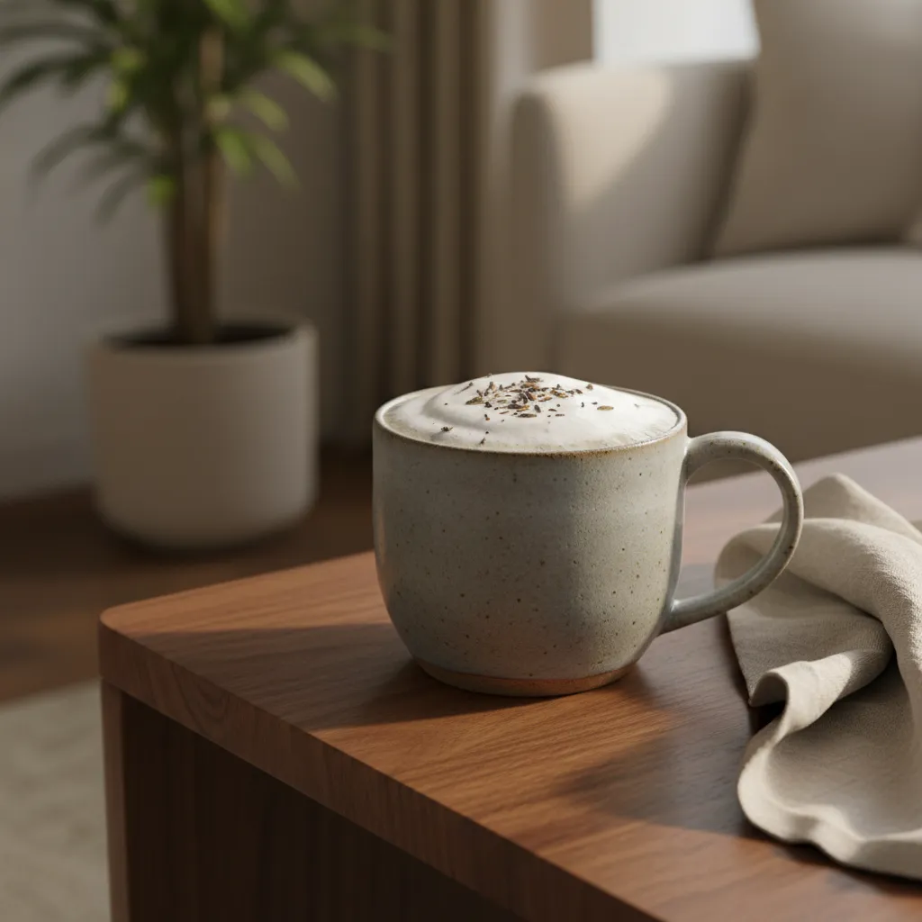 Ceramic mug containing London Fog moon milk with lavender garnish on a wooden side table