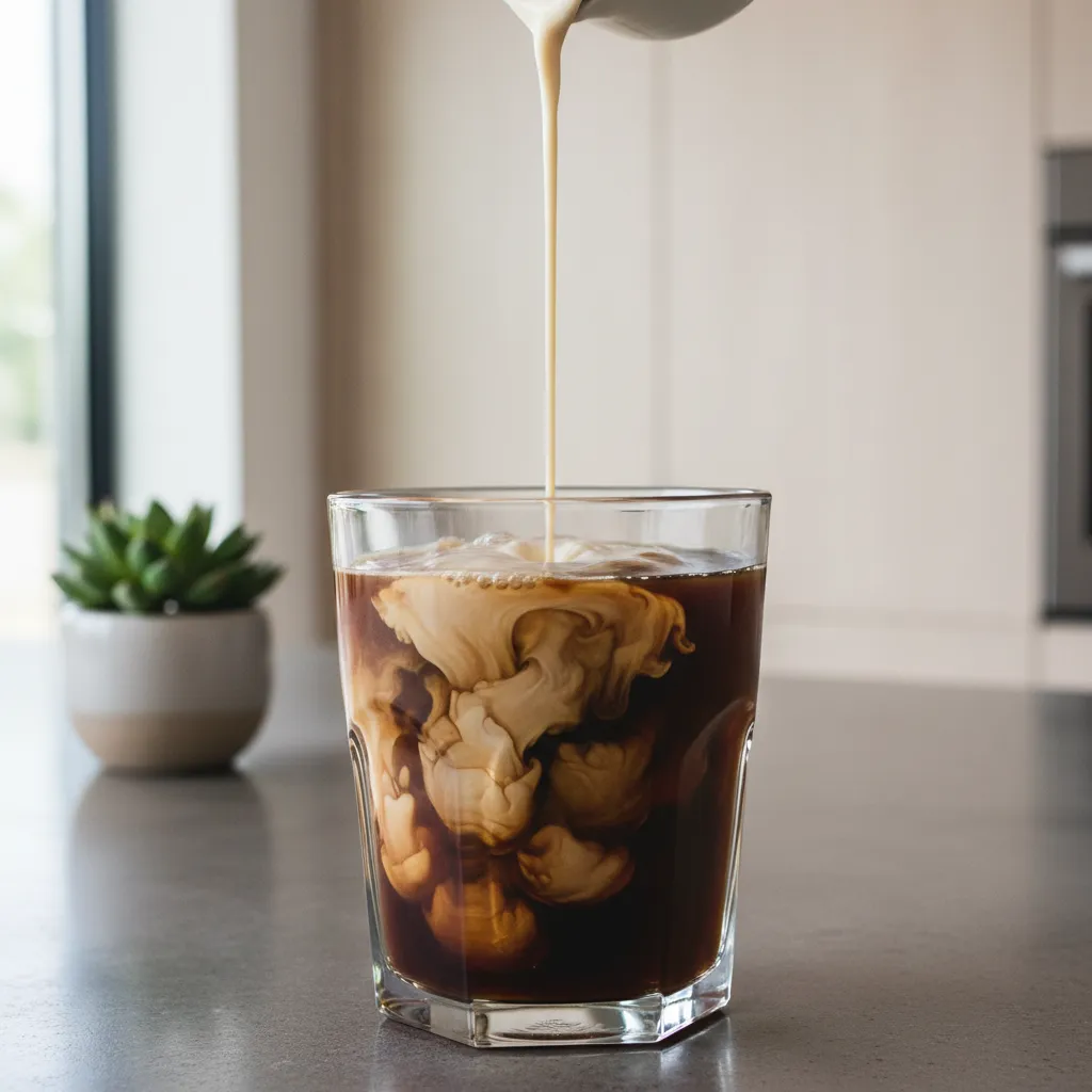 Vanilla sweet cream pouring into cold brew coffee creating a marble texture