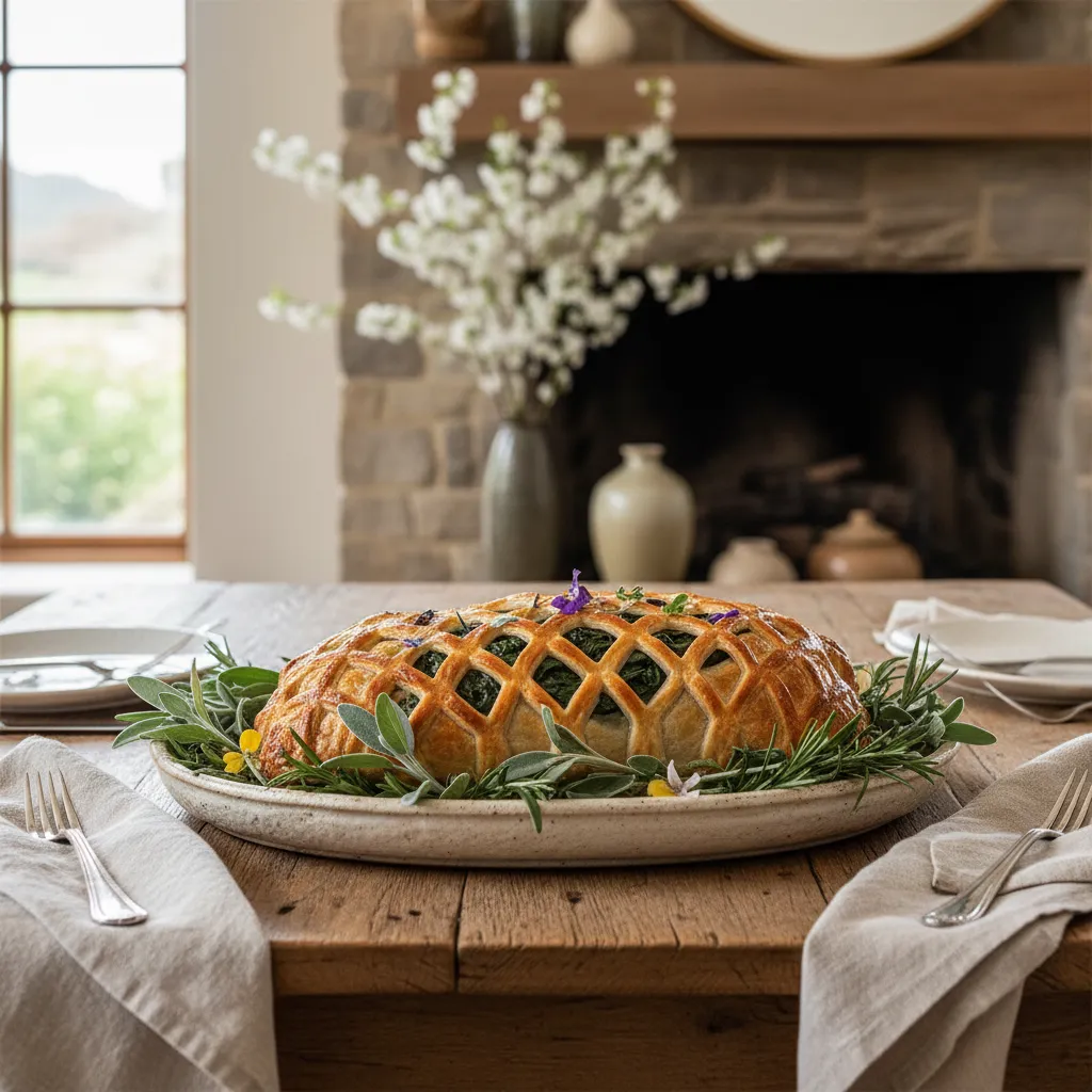 Golden brown vegetarian mushroom and spinach wellington served on a rustic wooden table for Easter lunch
