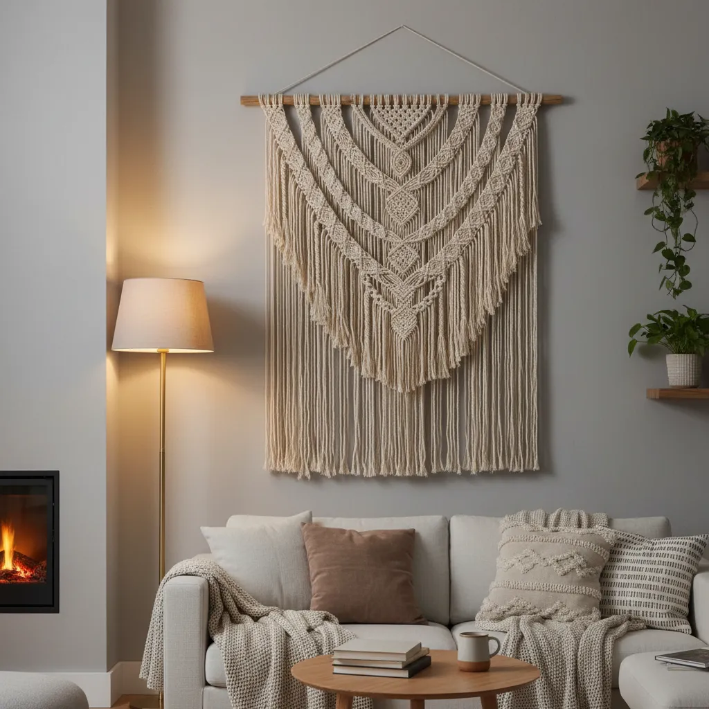 Macrame tapestry hanging flush on wall using invisible velcro strips