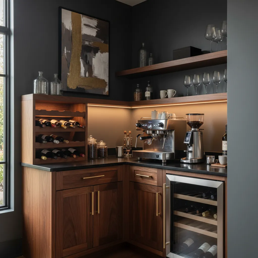 Modern coffee and wine bar station with dark wood and gold accents