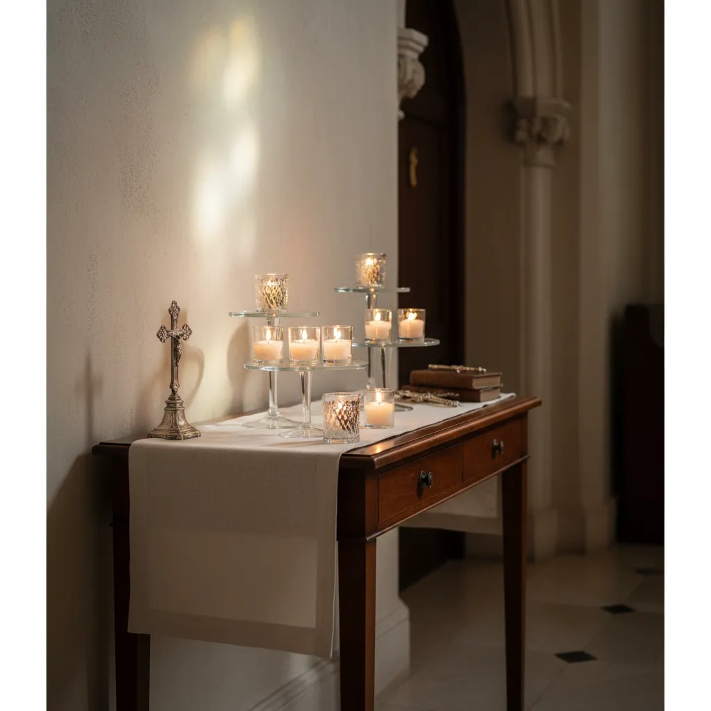 Tiered display on narrow table with cream linens in church setting