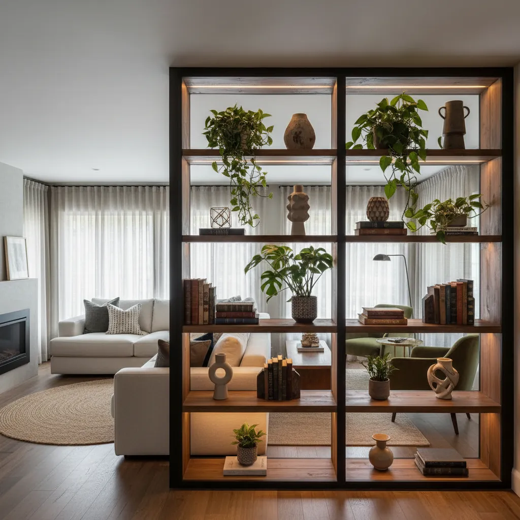 Tall bookshelf room divider breaking up a long living room