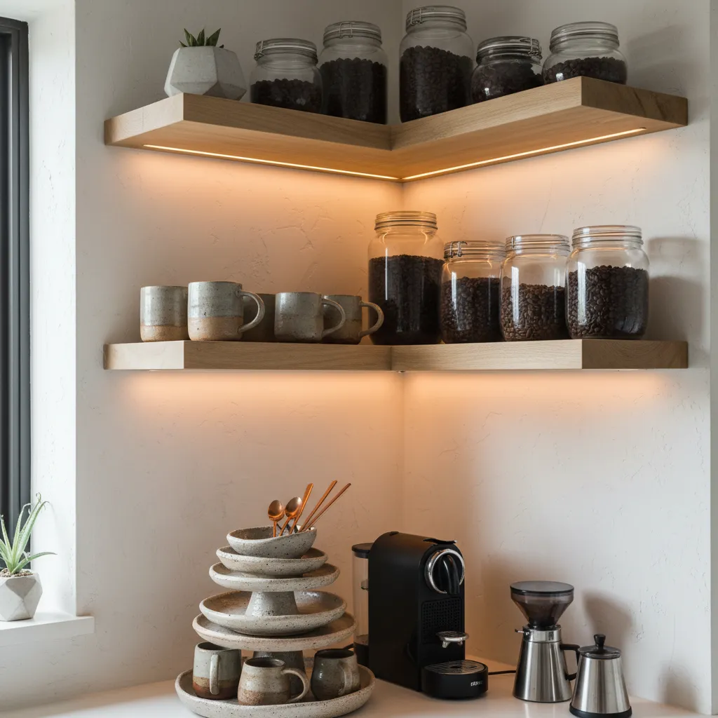 Close-up of tiered trays and floating shelves in a corner coffee station.