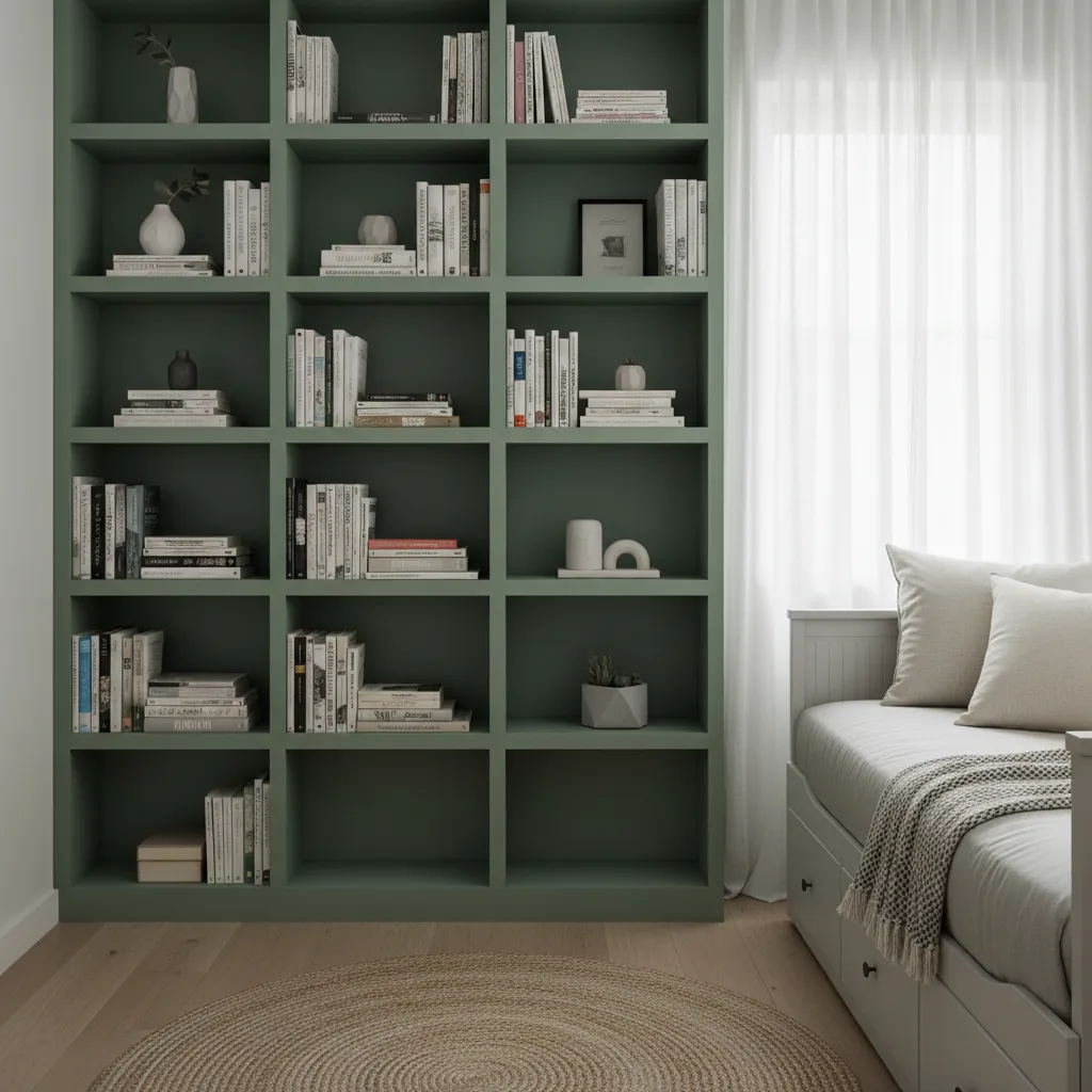 Floor to ceiling shelving in a small cozy minimalist bedroom