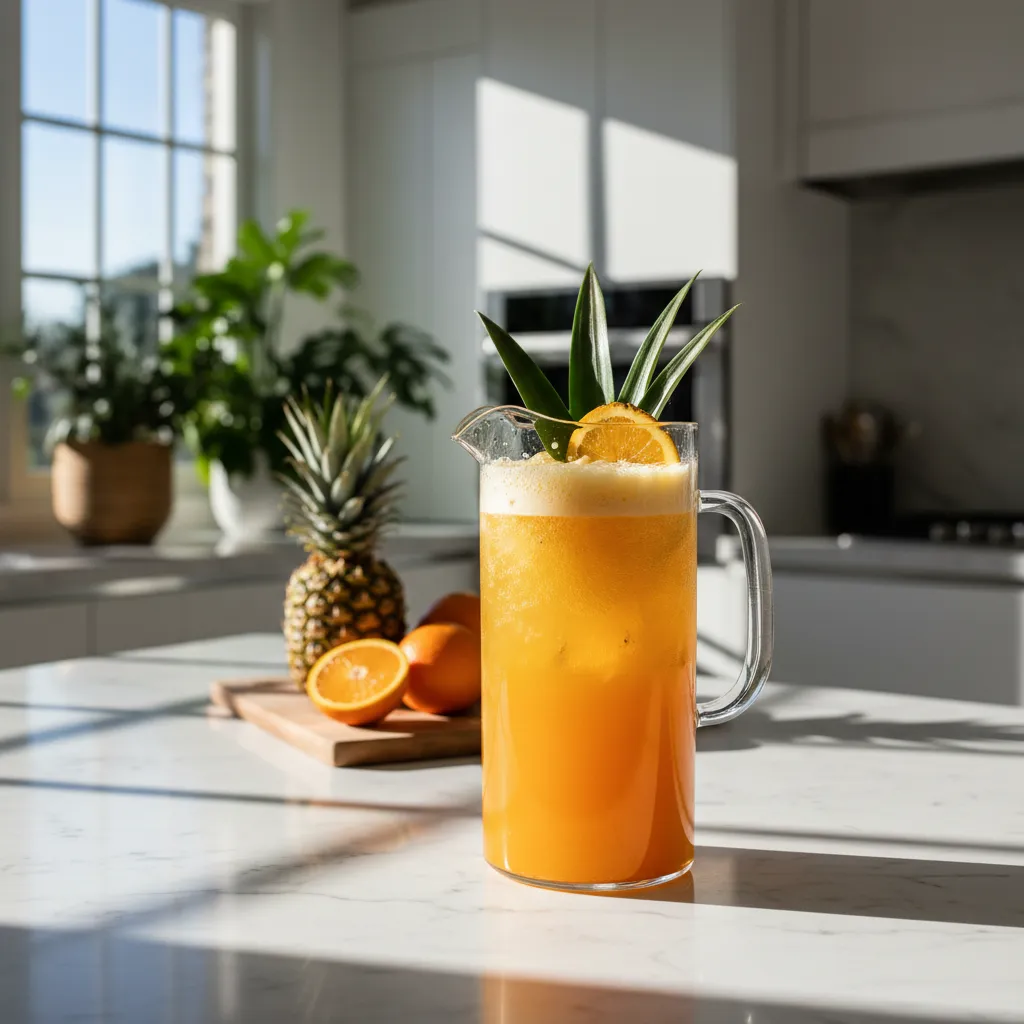 Orange and pineapple coconut water drink on a marble kitchen counter