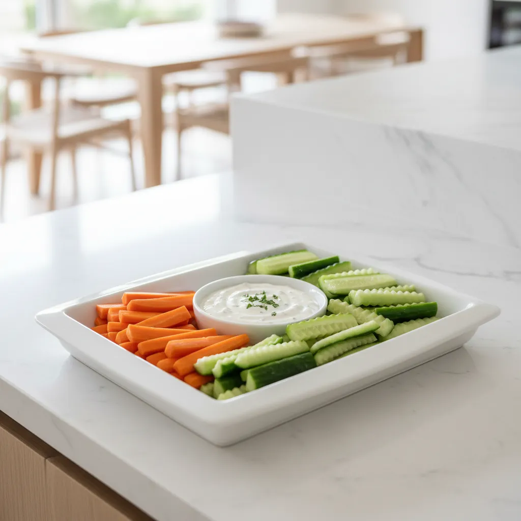 Close up of a porcelain tray with colorful vegetables and dip