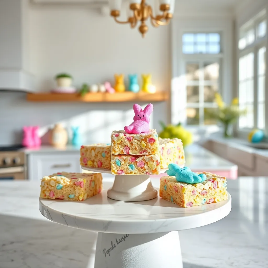 Colorful Easter Peeps marshmallow bars on a marble counter