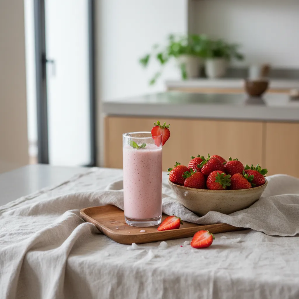 Fresh strawberries and a coconut water smoothie on a soft linen tray