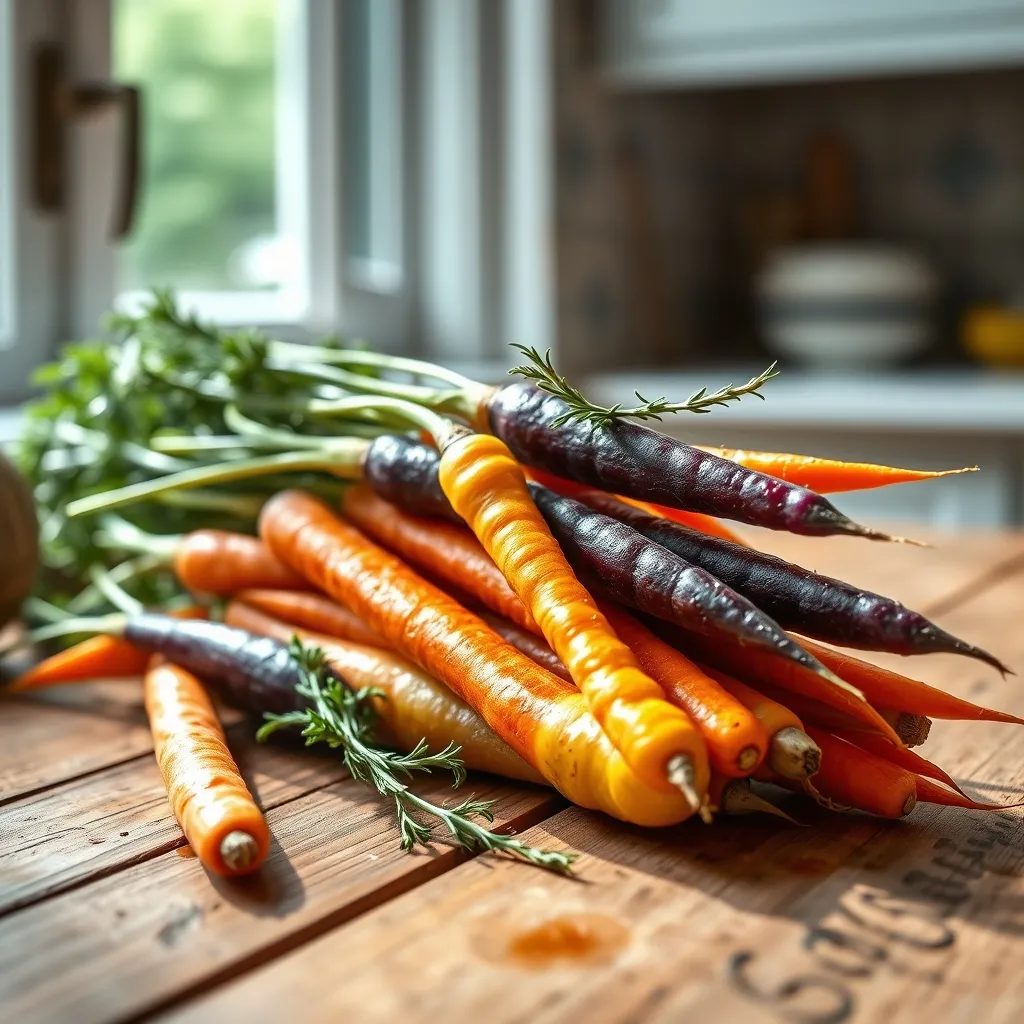 Raw rainbow carrots in purple yellow and orange on a wood surface