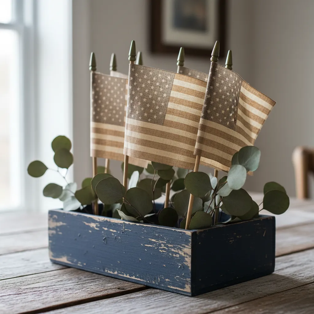 A distressed wooden box with tea-stained American flags showcasing Americana Crafts Diy 4th of July techniques.