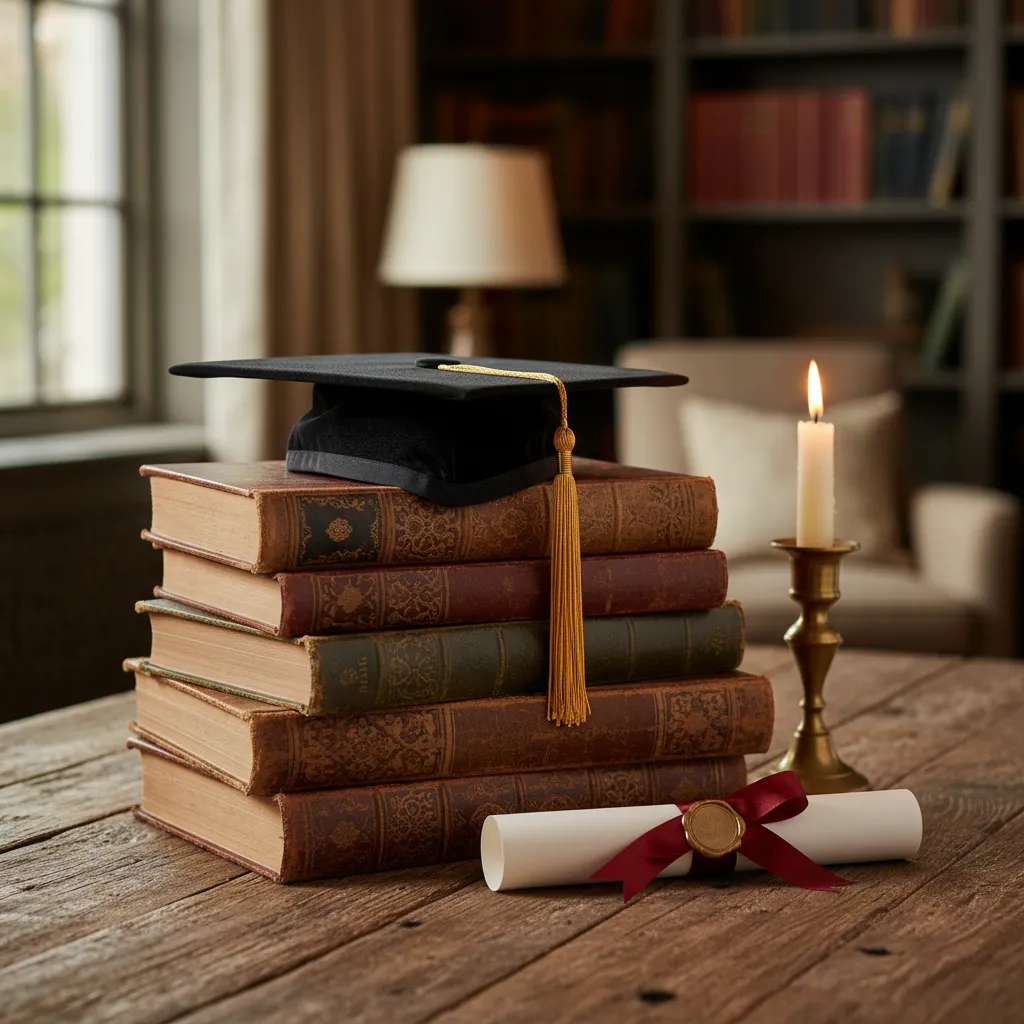 Antique leather books stacked with graduation cap and diploma scroll for centerpiece