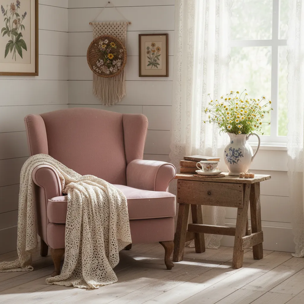 Dusty rose velvet armchair with lace throw and wild daisies in a sunlit rustic corner