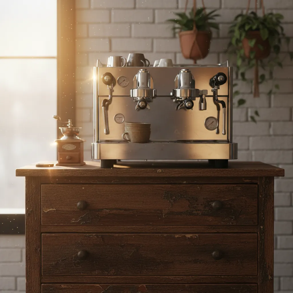 Distressed oak dresser serving as a sturdy base for a chrome espresso machine