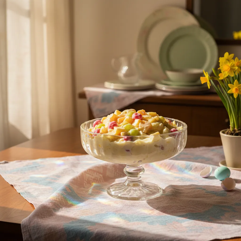 Creamy vanilla pudding fruit salad served in a crystal bowl for Easter brunch