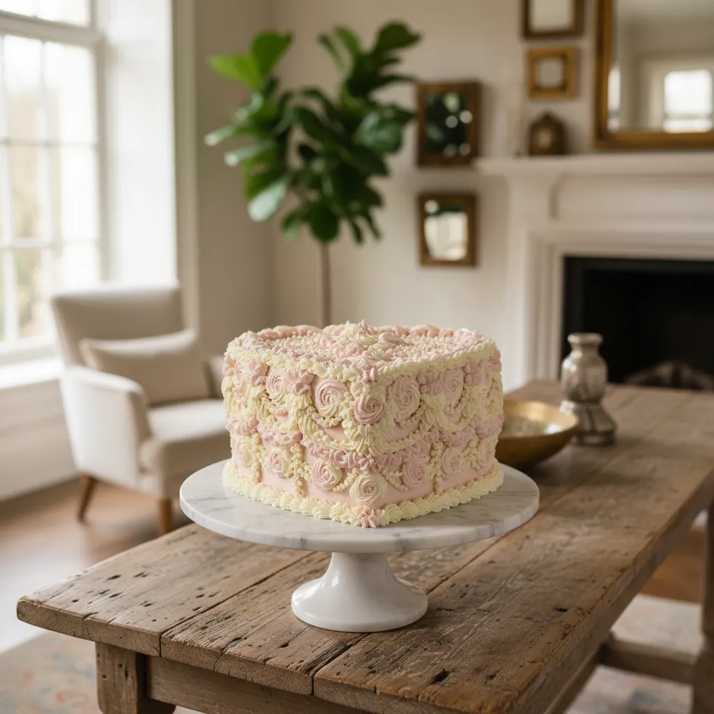 Close up of vintage Lambeth style heart cake with intricate pink piping details