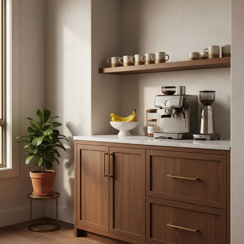 Luxury home coffee bar with hazelnut wood tones and brass accents