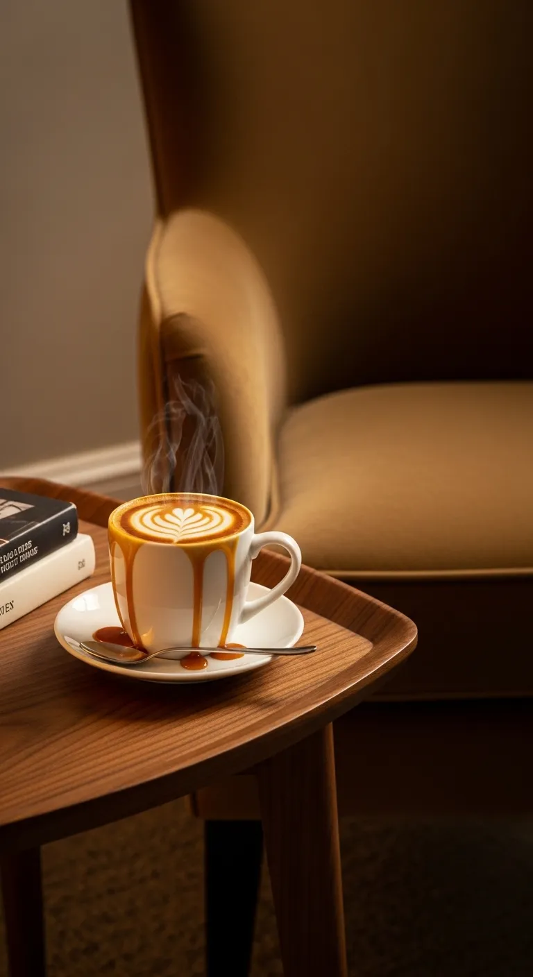 Steaming butterbeer inspired drink on a wooden table near a velvet armchair