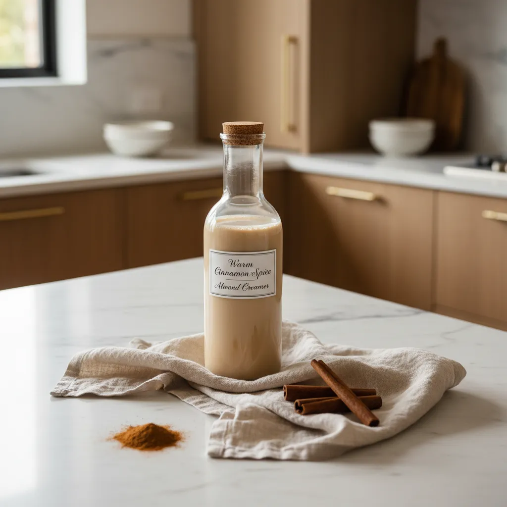 Homemade cinnamon spice almond milk creamer in a glass carafe on marble