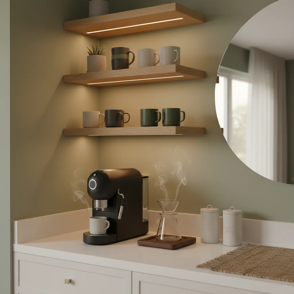 Under-cabinet LED lighting casting a warm glow on a coffee bar