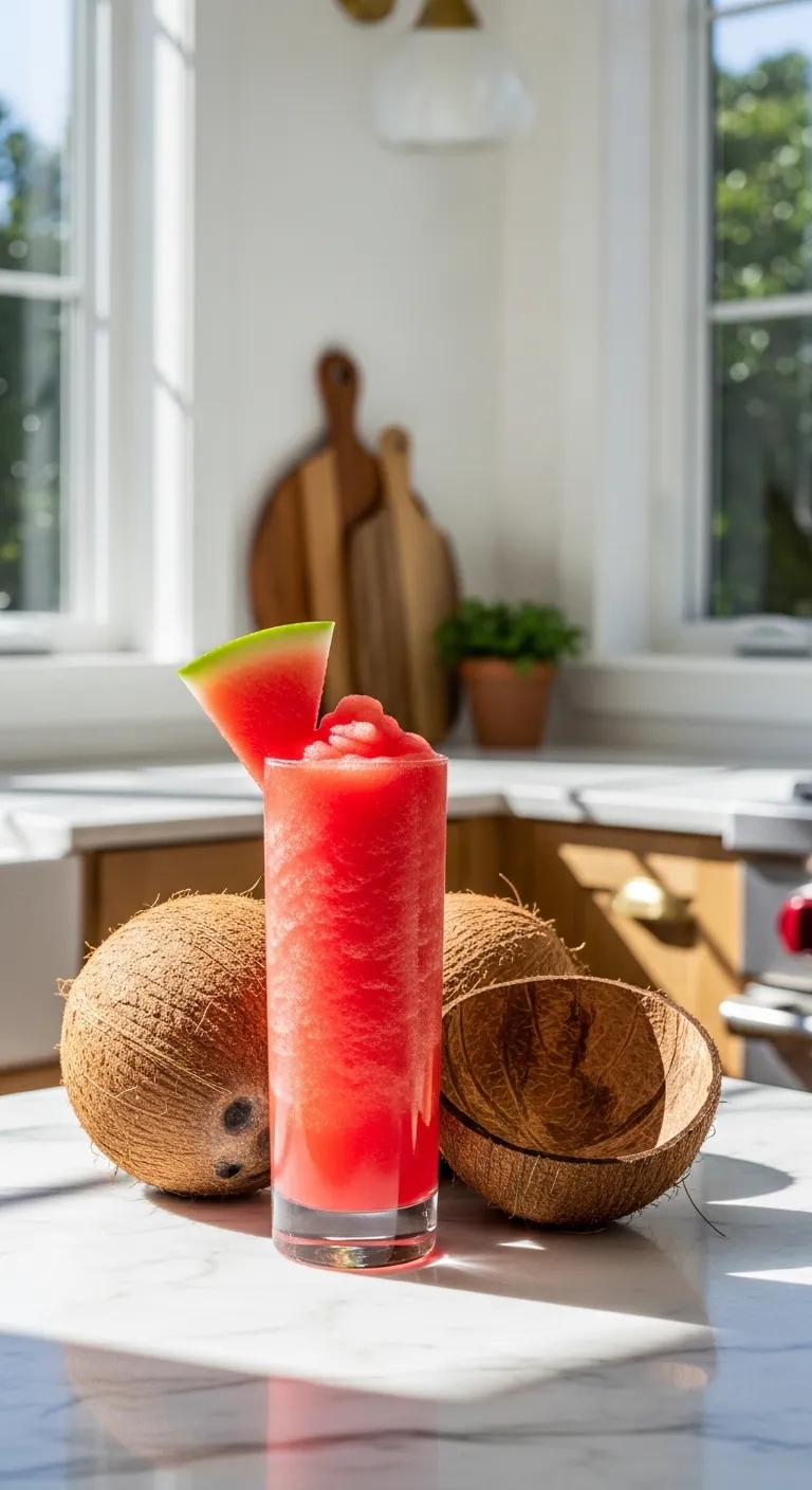 Pink watermelon slush drink on a marble countertop in a bright kitchen