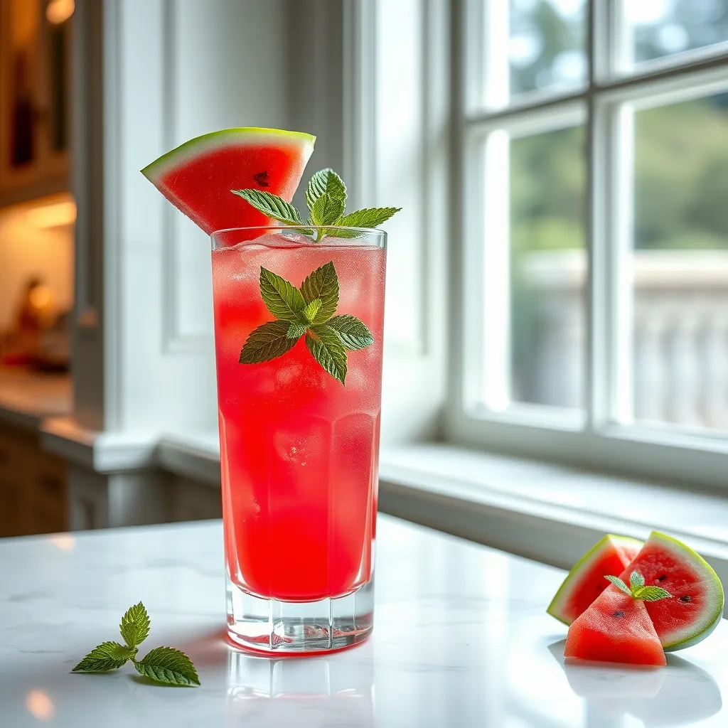 Sophisticated watermelon mint Redbull spritz on a marble countertop