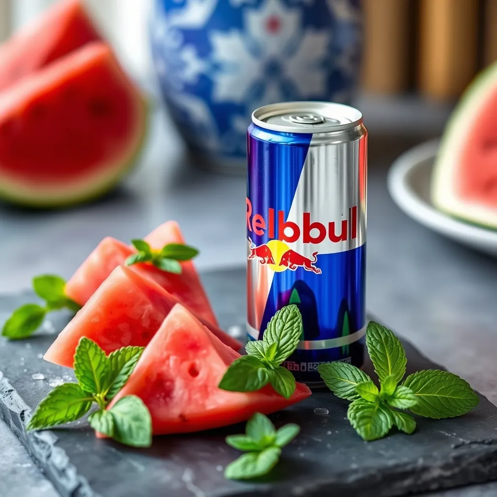 Fresh ingredients for a watermelon mint Redbull spritz